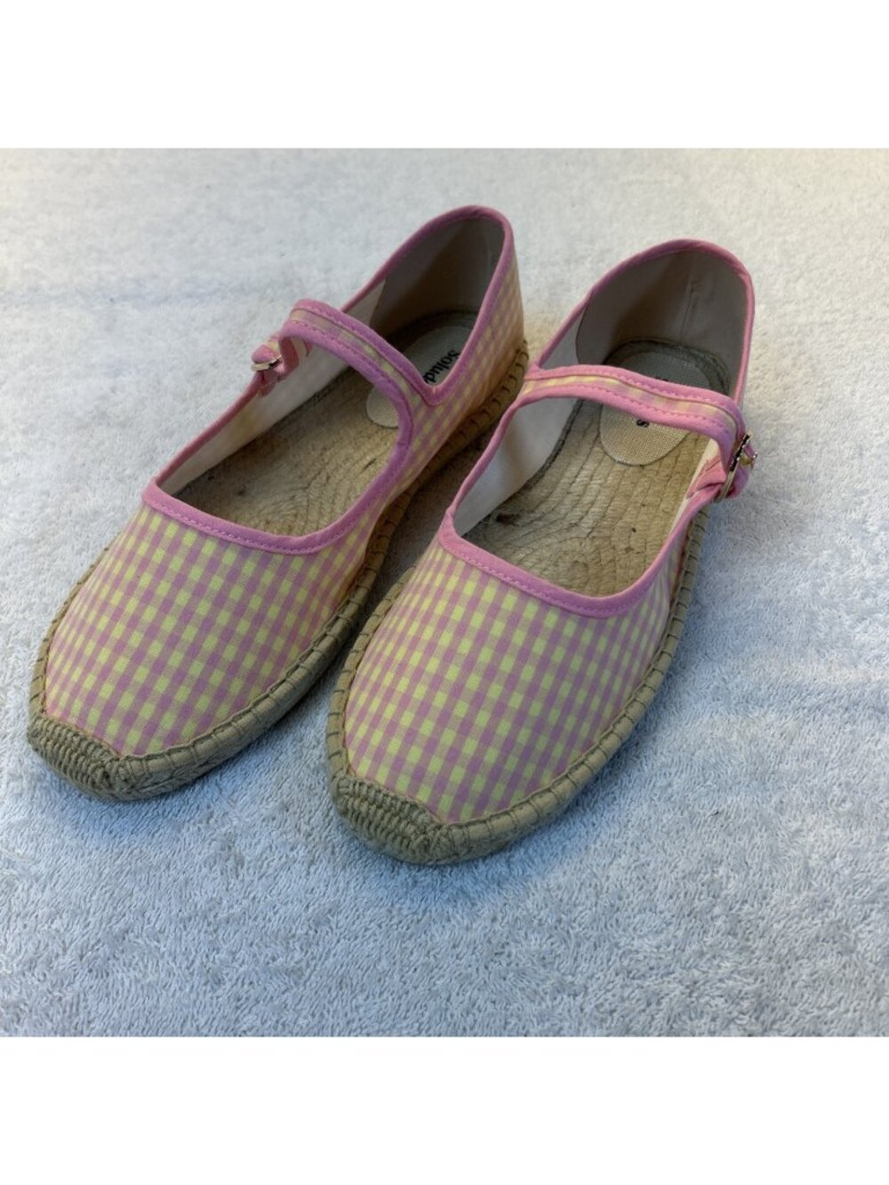 SOLUDOS Mary Jane Espadrilles Pink Plaid Raffia Bottom Rubber Sole SZ 10 NEW